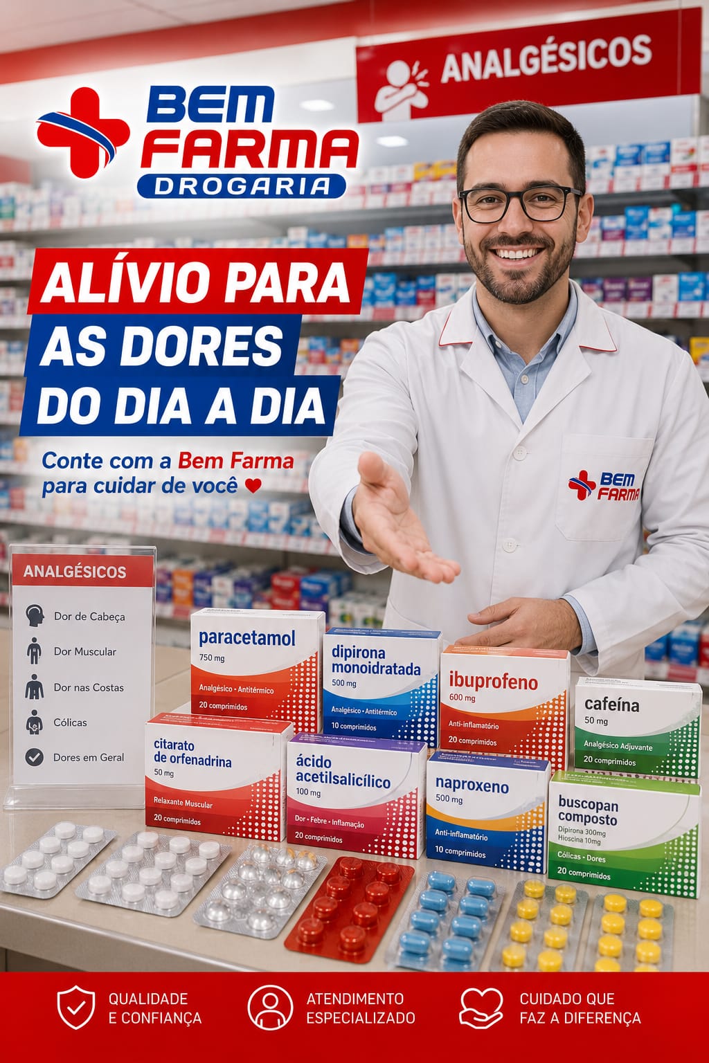 Analgésicos e medicamentos na Bem Farma Drogaria