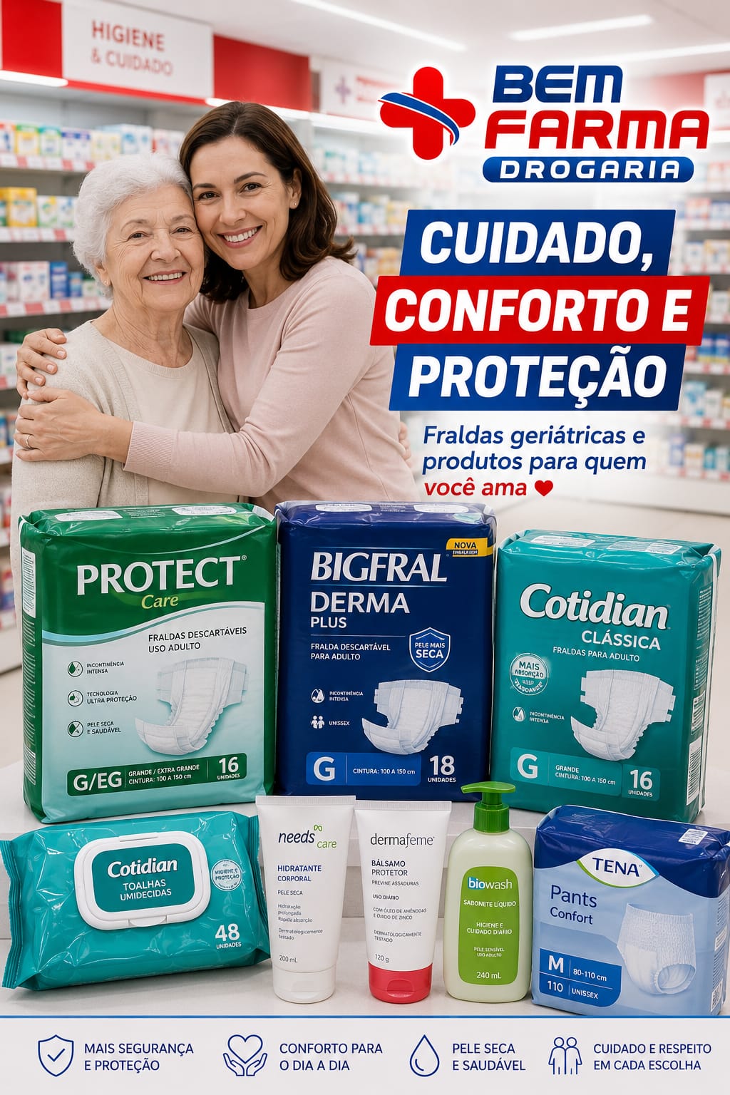 Fraldas geriátricas e cuidados para idosos na Bem Farma Drogaria