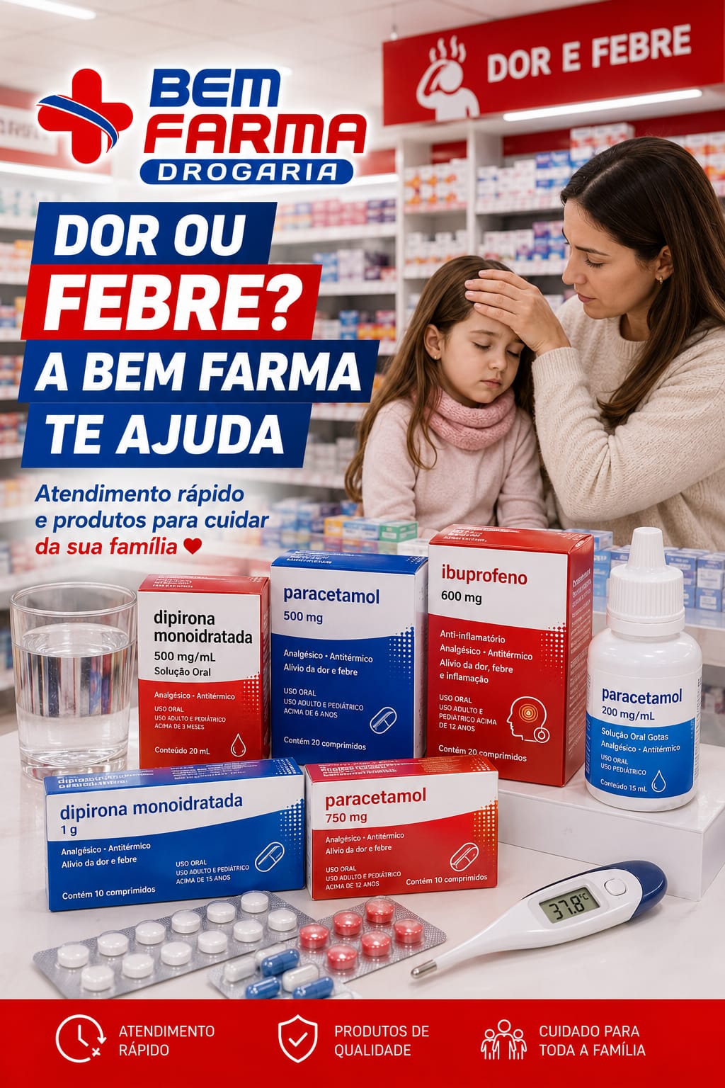 Produtos para dor e febre na Bem Farma Drogaria