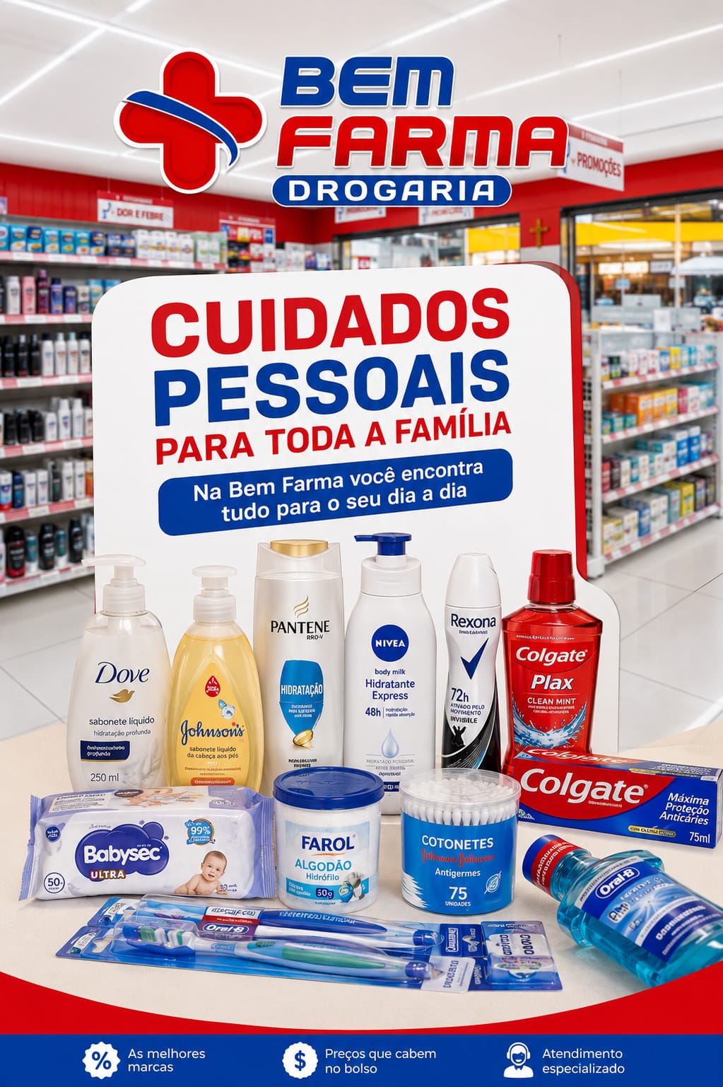 Cuidados pessoais e dermocosméticos na Bem Farma Drogaria